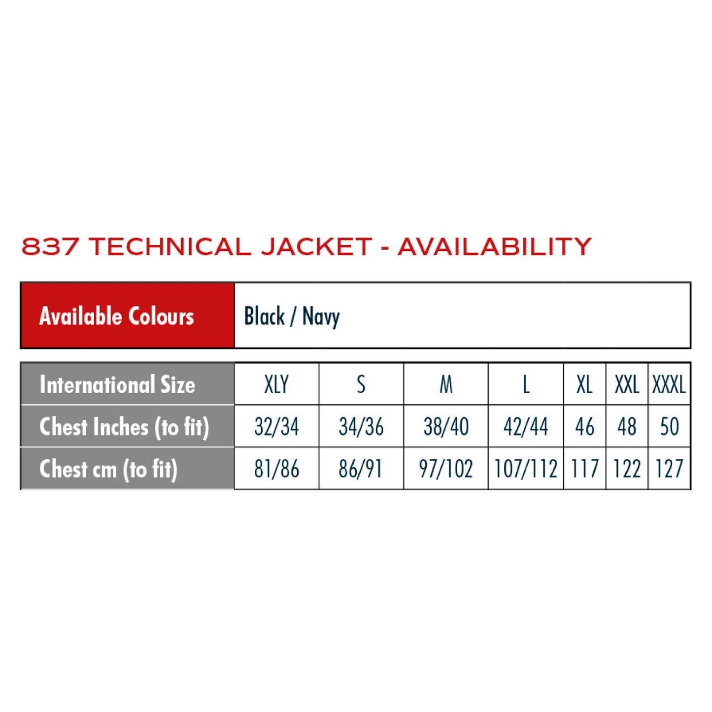 Technical Jacket Size Guide